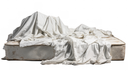 Old, stained mattress is partially covered with torn white sheets, suggesting themes of poverty, homelessness, or abandonment against a transparent background