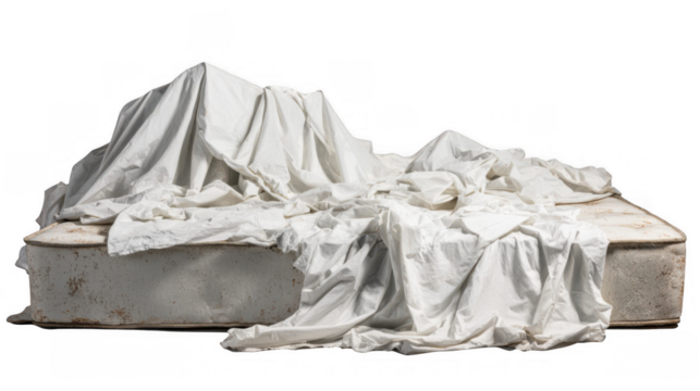 Old, stained mattress is partially covered with torn white sheets, suggesting themes of poverty, homelessness, or abandonment against a transparent background