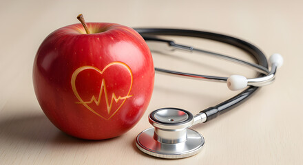 Red apple with a heart and pulse line graphic next to a silver stethoscope on a wooden surface, symbolizing health and wellness.
