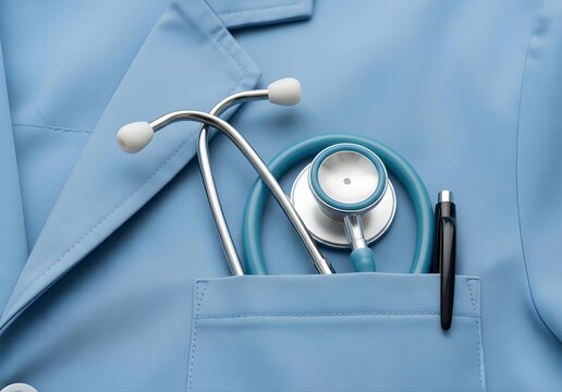 A close-up of a light blue doctor’s coat pocket containing a stethoscope and a pen, symbolizing the medical profession.