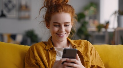Fototapeta premium Cheerful woman scrolling through mobile shopping app on smartphone, enjoying free time at home..