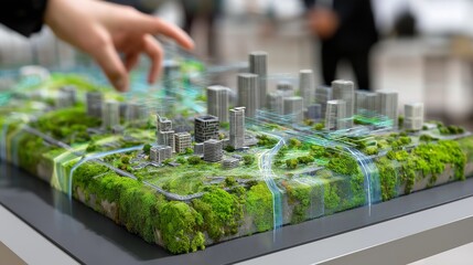 Person's hand interacts with a futuristic city model showcasing green infrastructure and technological integration.