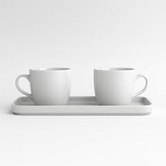 Obraz premium cup of coffee on wooden table. Two white ceramic mugs on a tray on clean white background with space for text.