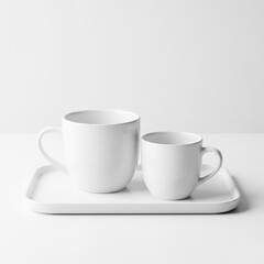 Obraz premium cup of coffee on wooden table. Two white ceramic mugs on a tray on clean white background with space for text.