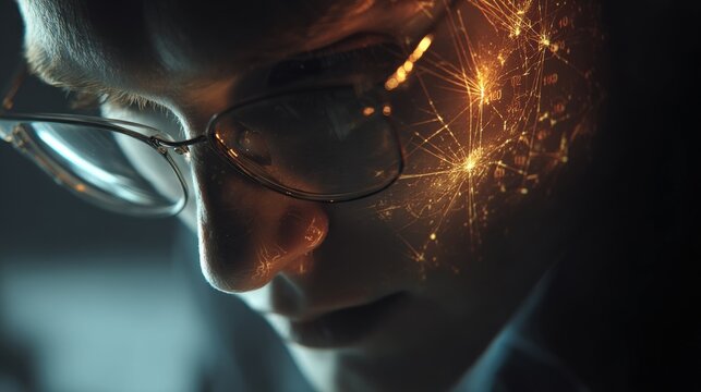 Environmental engineer focused on digital tools while ear is highlighted in golden light..