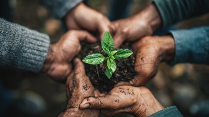 Environmental teamwork with people joining hands around green plant, promoting future sustainability..