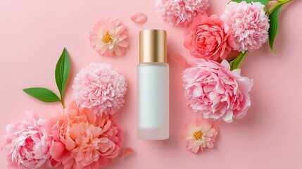 A bottle of skincare product sits amongst pink flowers on a pink background.