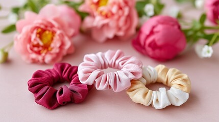 Three pastel scrunchies rest amongst pink peonies. Soft colors and textures.