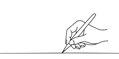 Hand holding pen and writing in one continuous line drawing. Letter and diary concept in simple linear style. School lesson symbol in editable stroke. Doodle hand drawn vector illustration