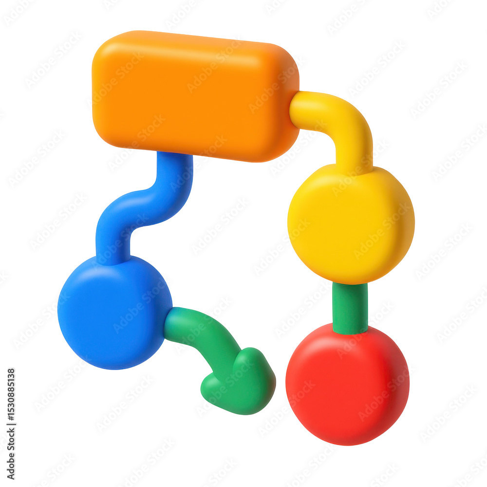 Poster cartoon plastic style icon representing a complex algorithm path connecting different nodes, on tran