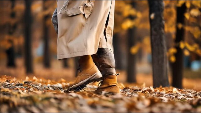 A person walks through swirling autumn leaves wearing a tan trench coat and fashionable brown boots, showcasing seasonal fall fashion in a windy outdoor setting.