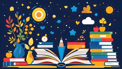 Colorful Graphic Design of Various Books with Colorful Ornament in the Background Stock Photos