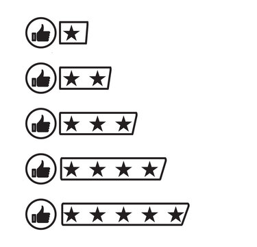 Five stars customer product rating review with thumbs up icon. Customer review rating with 5 stars and thumb up feedback. Five star rating badge, Product Positive review of customer Survey. Eps 10