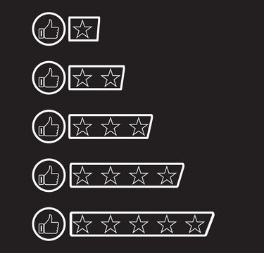 Five stars customer product rating review with thumbs up icon. Customer review rating with 5 stars and thumb up feedback. Five star rating badge, Product Positive review of customer Survey. Eps 10
