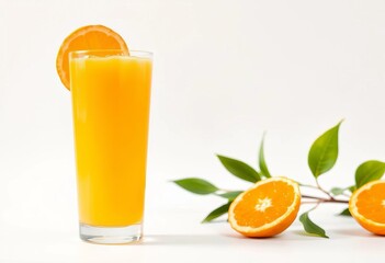 Fototapeta premium Glass of fresh orange juice, isolated on white background, tropical, citrus