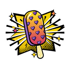 Fototapeta premium Ice cream pop with hearts in comic book style, pop art, transparent background, isolated vector image 