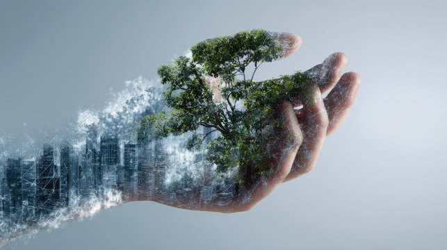 Green development image showing human hand and nature linked by energy-saving technology..