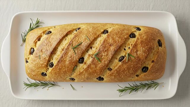 Artisan Olive Bread Loaf with Rosemary Sprigs on White Serving Platter with a Textured Crust in Studio Lighting