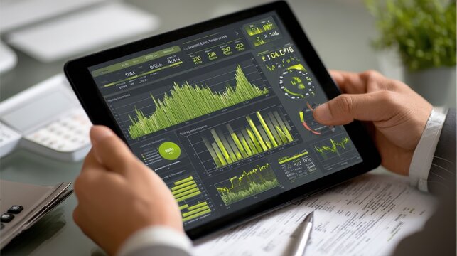 Green finance strategy visualized through ESG performance dashboard on business tablet..