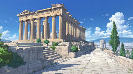 Fototapeta premium Ancient Greek temple ruins under a clear blue sky, surrounded by lush greenery and distant mountains