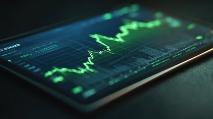 Green trendline on tablet visualizing ESG business performance under investor review..
