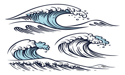 Obraz premium Ocean waves sketch sea tidal blue wave set of sea shells vector illustration of an in the sea