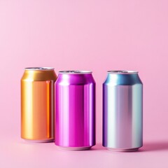Colorful aluminum drink cans on pink background, space for text