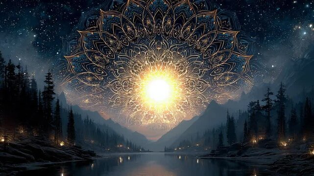 Mystical landscape with glowing mandala over a tranquil lake at twilight