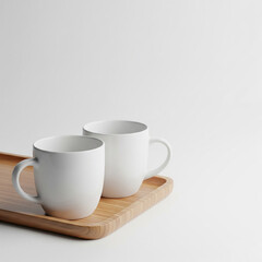 Fototapeta premium cup of coffee on wooden table. Two white ceramic mugs on a tray on clean white background with space for text.