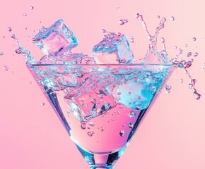 Martini cocktail with ice cubes in neon pink and blue tones, in iridescent pearlescent shades