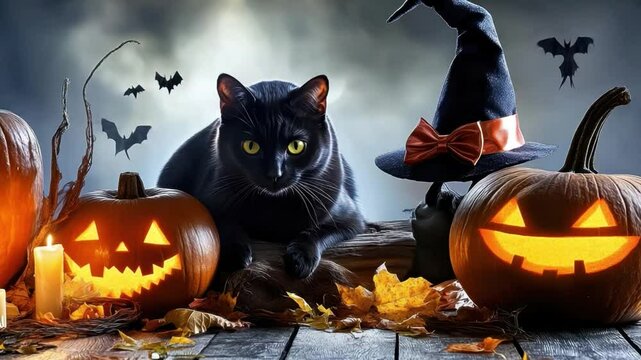Mystical Halloween Gathering: A captivating Halloween scene unfolds with a black cat, smiling pumpkins, witch's hat, and flying bats under a spooky night sky.