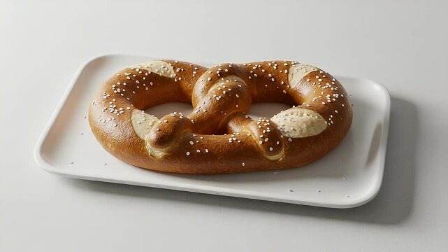 Close Up of a Golden Brown Salted Pretzel on a White Rectangular Plate with Light Background Studio Shot Detailed Visual