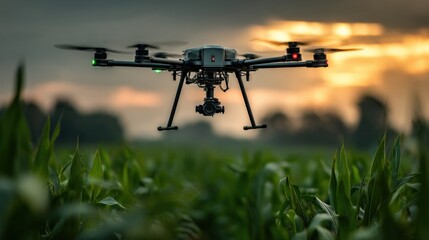 Modern drone technology in use above green corn rows during evening agricultural operations..