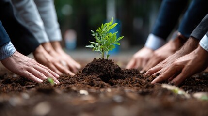 New beginnings shown through group planting activity, symbolizing corporate eco mission..