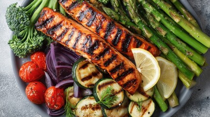 Nutritious lunch plate of grilled salmon, vibrant veggies, and citrus wedge on clean background..