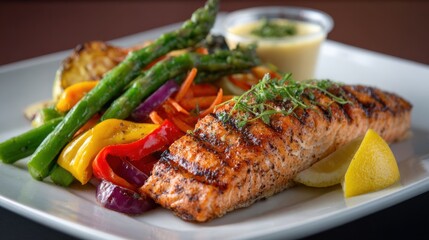Nutritious lunch plate of grilled salmon, vibrant veggies, and citrus wedge on clean background..