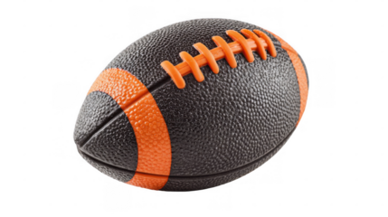 Classic foam football ball rotating, showing its textured surface and orange stripes, isolated on transparent background, perfect for sports related projects
