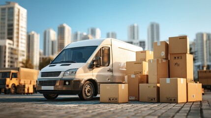Online retail distribution point with cargo boxes loaded into van for shipping..