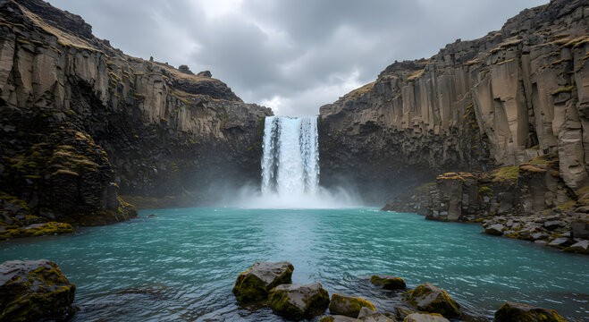 Powerful Waterfall Plunging into Turquoise Pool Amidst Basalt Columns
