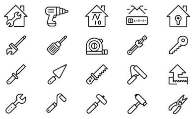 Collection of Black and White Line Art Icons Depicting Various Home Repair and Construction Tools Including Wrenches Screwdrivers Hammers Saws Measuring Tape Paint Rollers Trowels and House