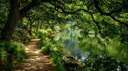 Peaceful natural park with sunlight filtering through green leaves and a calm lake by the path..