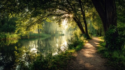 Peaceful natural park with sunlight filtering through green leaves and a calm lake by the path..