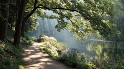 Peaceful natural park with sunlight filtering through green leaves and a calm lake by the path..