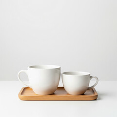cup of coffee on wooden table. Two white ceramic mugs on a tray on clean white background with space for text.