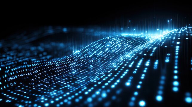 Abstract digital wave pattern of glowing binary code.