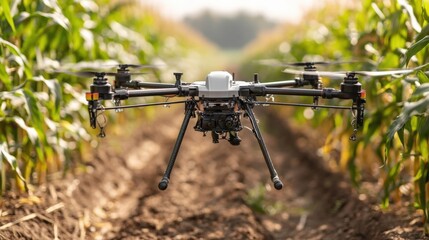 Precision farming drone in flight over corn plantation applying fertilizer with accuracy..
