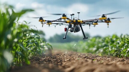 Precision farming drone in flight over corn plantation applying fertilizer with accuracy..