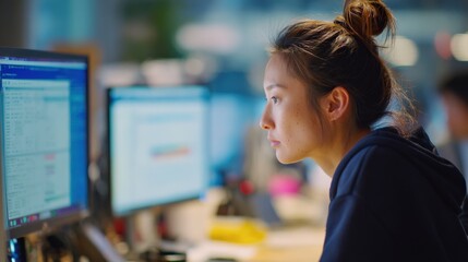 Professional Asian woman focused on desktop screen, managing business operations in diverse office..