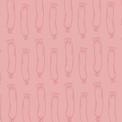 Seamless repeating pattern of hand-drawn red sausages on a white background. Fun and quirky food-themed design suitable for packaging, fabric, kitchen wallpaper, wrapping paper, and culinary projects.