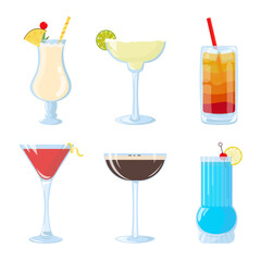 Set of 6 Popular Cocktails in Flat Style: Cosmopolitan, Sex on the Beach, Espresso Martini, Blue Lagoon, Margarita, Pina Colada
